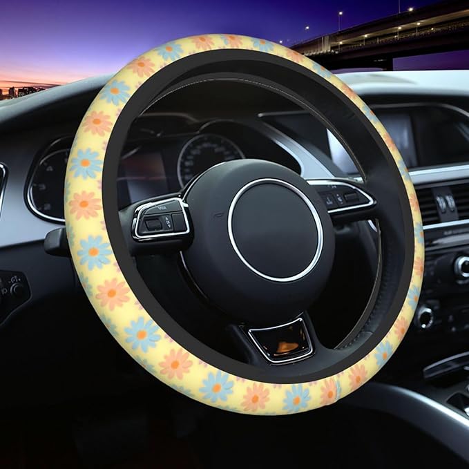 Flowers Cute Steering Wheel Cover Non-Slip Breathable Sweat-Absorbent Suitable for SUV Van Truck Car Universal Protection Accessories 15 Inch Suitable for Women Men