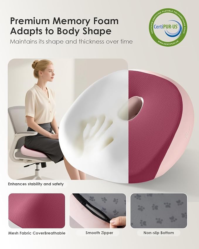 FLORICH Large Car Seat Cushion for Long Sitting, Ergonomic Memory Foam Driving Seat Cushion for Back & Sciatica Pain Relief, Non-Slip Washable Seat Cushion for Car, Driver, Office-Pink