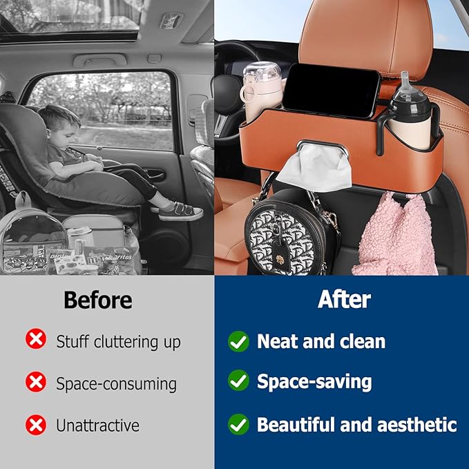 Multifunctional Car Back Seat Storage Organize, 2026 Upgrade 3-in-1 Car Backseat Organizer with Cup Holder, Tissue Box, Trash Bin & Hooks, for Hold Phones, Snacks, Drinks, and Handbags (Brown)