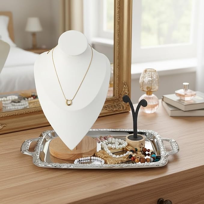 STOBAZA Silver Serving Tray, Metal Coffee Table Ottoman Tray with Handles, Rectangle Butler Plate for Breakfast in Bed, Table Decor - 15.3X9X0.67inch