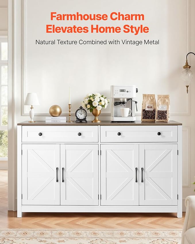 VEVOR Buffet Cabinet, Farmhouse Sideboard Cabinet with Drawer, Coffee Bar Cabinet with 4 Barn Door, Sideboard Buffet Station for Living Room, Entryway, Kitchen, 55.1 x 15.5 x 31.5 in, White