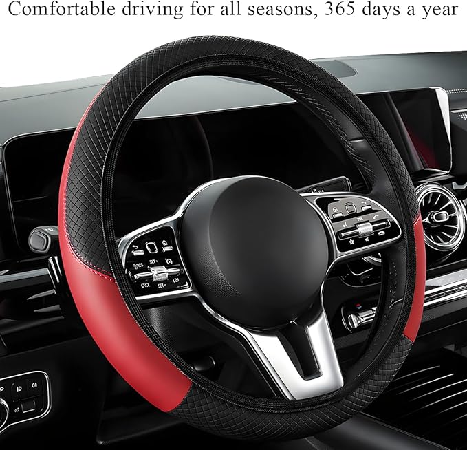 Elastic Steering Wheel Cover, Microfiber Leather Carbon Fiber Steering Wheel Protector, Steering Wheel Cover with Anti-Slip Lining, (Black+Red, AD)