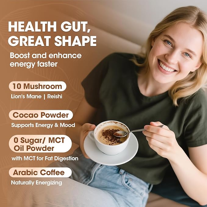 Mushroom Coffee Powder with MCT Oil - 10 Mushrooms Lion's Mane, Turkey Tail, Reishi, Cordyceps & Chaga - Arabica Instant Mushroom Coffee for Focus, Immune, Gut & Brain Health | Vegan, Keto