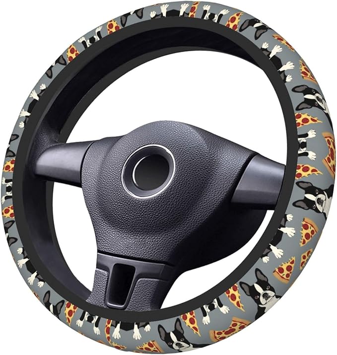 Grey Boston Terrier Pizza Universal Fit Steering Wheel Cover for Car, Truck, and SUV, Durable Steering Wheel Protection