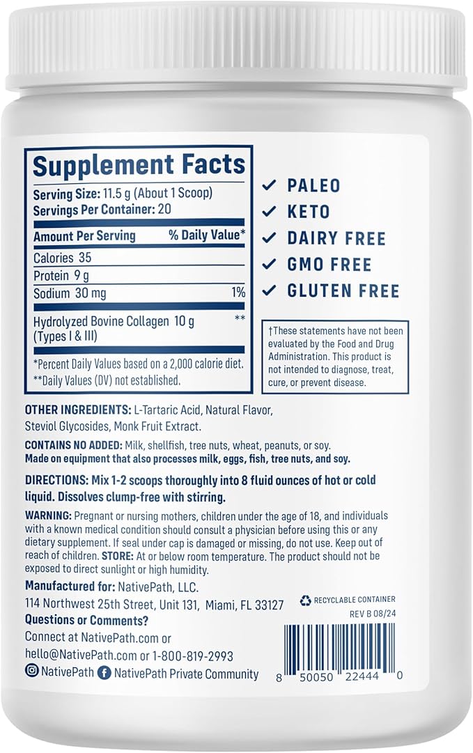 NativePath Wild Berry Collagen Peptides Powder - 10g Grass-Fed Type 1 & 3, 23 Servings - for Hair, Skin, Nails & Joints - Keto & Paleo, No Gluten, No Dairy (8.1 oz)