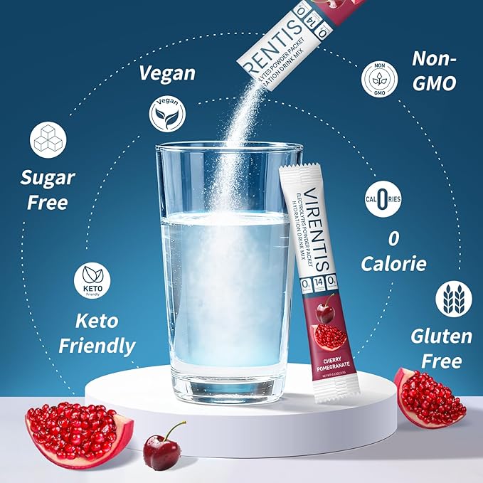 16 Sticks Electrolytes Powder Packets Sugar Free Hydration Packets Liquid Daily IV Electrolyte Drink Mix for Rehydration with 8 Electrolytes & 6 Vitamins, Low Sodium, Cherry Pomegranate