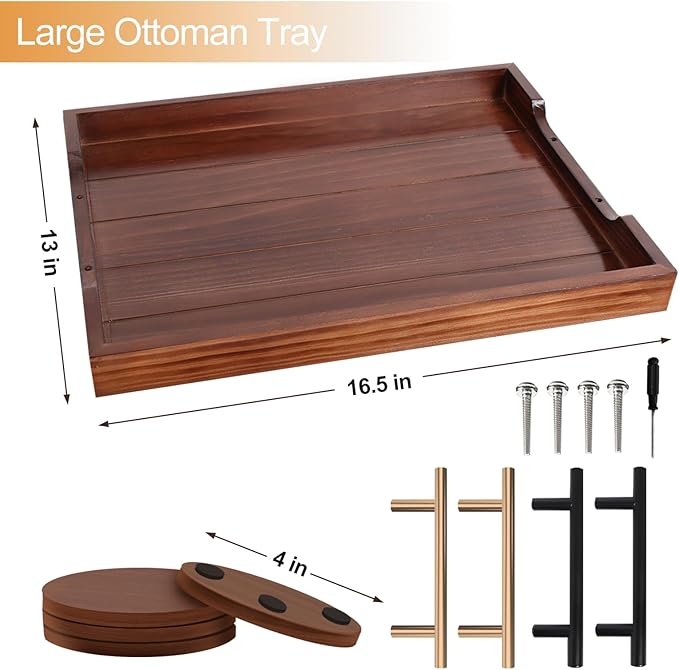 Ottoman Tray, Large Wooden Serving Tray with 2 Sets of Handles for Coffee Table, Rustic Living Room Kitchen Decor, 4 Round Coasters Included, Dark Brown