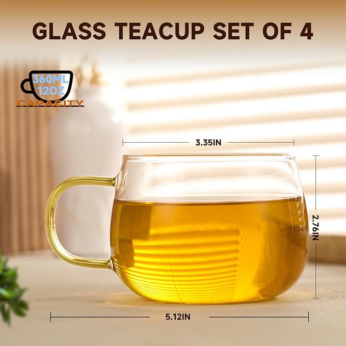 Glass Tea Cups Set of 4, Clear Borosilicate Glass Teacups with Colorful Handle for Tealover, Dishwasher & Microwave Safe Large Coffee Mugs for Espresso Cappuccino Latte Juice, 12OZ/360ML