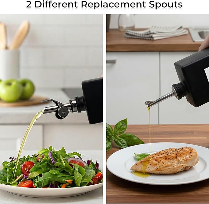 2PCS 16.9oz Olive Oil Dispenser Bottle For Kitchen, Soy Sauce Dispenser, Dark Glass Bottles for Oil and Vinegar Dispenser Set W.2 Replacement Spouts & Labels, Coffee Syrup Dispenser (Black)