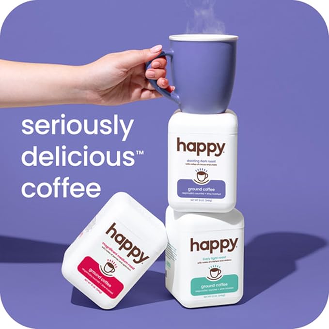 happy coffee dark roast ground coffee, 12 oz 2 pack., notes of cocoa & cheer, recyclable container, grown & harvested in Brazil, Rwanda & Colombia