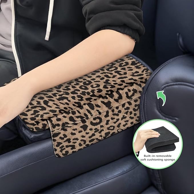 Dreaweet Brown Leopard Print Center Console Cover Thick Arm Rest Cover for Car Women Cheetah Car Accessories Interior Middle Console Cushion Cover Pad with Pockets