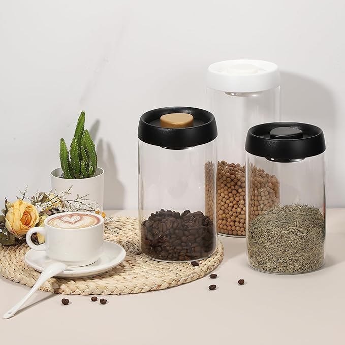 uxcell Coffee Vacuum Container, 900ml/30oz Glass Coffee Bean Storage Container with Lids for Spices Biscuits Loose Leaf Tea, White