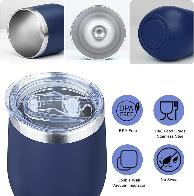 MEZMUT 12 Oz Insulated Wine Tumbler with Lid Double Wall Vacuum Stainless Steel Wine Glass Coffee Mug Insulated Tumbler Cup for Champaign, Cocktail, Beer (Navy, 1 Pack)