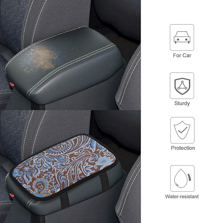 for Country Teal Brown Western Rustic Tooled Cowb Car Center Console Armrest Cover for Men Universal Arm Rest Pad Handrail Box Cushion Auto Accessories