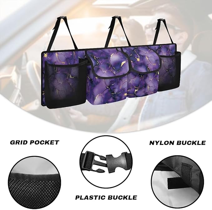 Purple Marble Hanging Trunk Organizer for SUV, Car Organizer, Waterproof Back Seat Organizer for SUV, Car Organizers and Storage with Adjustable Straps, Car Storage Organizer