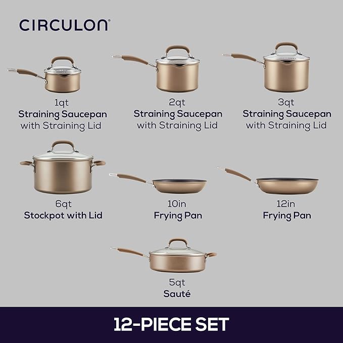 Circulon Premier Professional Hard Anodized Nonstick Cookware Induction Pots and Pans Set Nonstick, Home Essentials, 12-Piece, Bronze