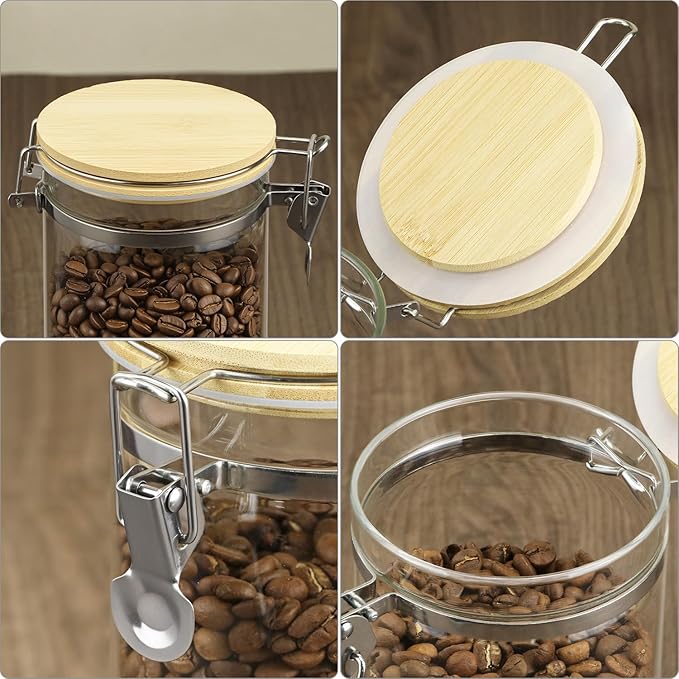 QWORK Clear Borosilicate Glass Storage Jar with Airtight Bamboo Lid & Locking Clamp, 40oz / 1200ml Kitchen Canister for Coffee Beans, Loose Tea, Sugar, Flour, Nuts, Thickened Sealed Container
