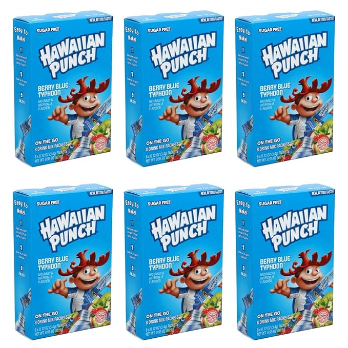 Hawaiian Punch Sugar-Free Berry Blue Powdered Drink Mix 6 Count of 8 packets each for Total 48 Sticks bundle packaged by D'Elite Box