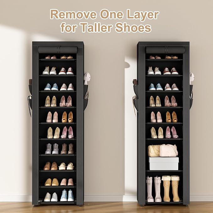 ROJASOP Shoe Rack with Covers 10 Tier Large Shoe Organizer Tall Shoe Closet Storage for 20-22 Pairs Shoe and Boot, Free Standing Shoe Rack Organizer for Closet, Entryway, Bedroom, Black
