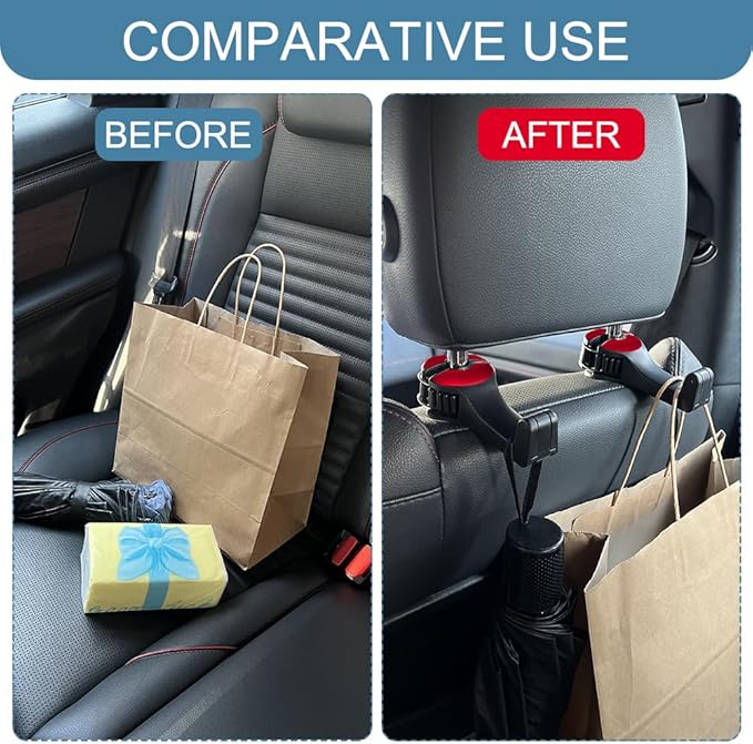 2PCS Car Headrest Hidden Hook, Bag Holder for Car, 2 in 1 Auto Seat Hooks with Phone Holder, 360° Rotation Adjustable Vehicle Back Seat Storage Hanger for Purses and Bags (Red)