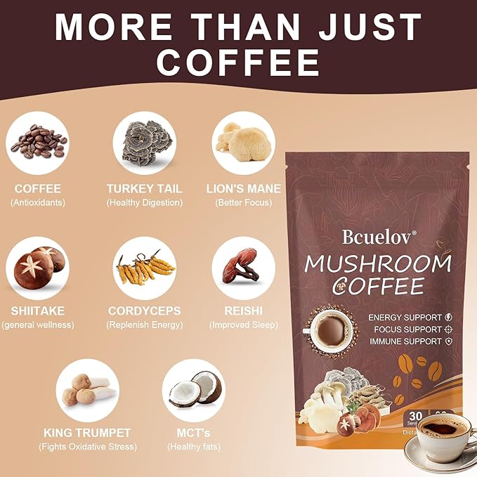 2 Bag Mushroom Coffee, Instant Coffee with 6 Adaptogenic Mushrooms (Lion’s Mane, Cordyceps, Shiitake, Turkey Tail) for Better Energy, Focus, Digestion & Immune Support