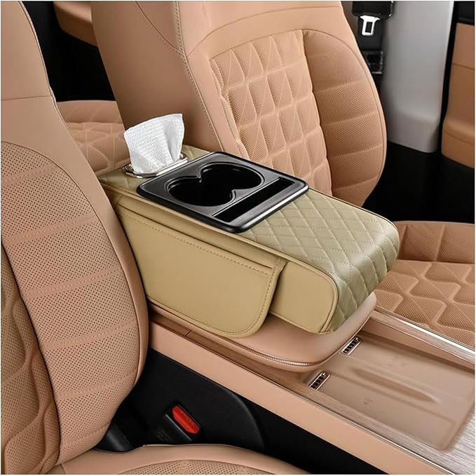 Car Armrest Cushion for Toyota Corolla X E140, E150 2006 2007 2008 2009 2010 2011 2012, Car Center Console Cover Armrest Pad with Cup Holder and Tissue Box, Car Accessories,Beige
