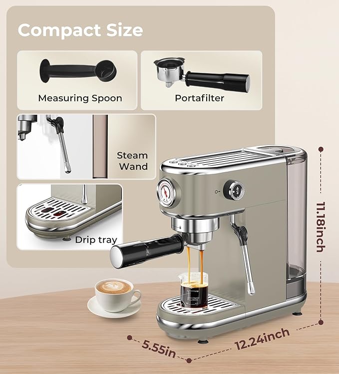 20 Bar Espresso Machine with Milk Frother, Compact Espresso Maker, Stainless Steel Coffee Machine with Precise Temp Control & 44oz Removable Water Tank for Latte, Cappuccino, Light Grey