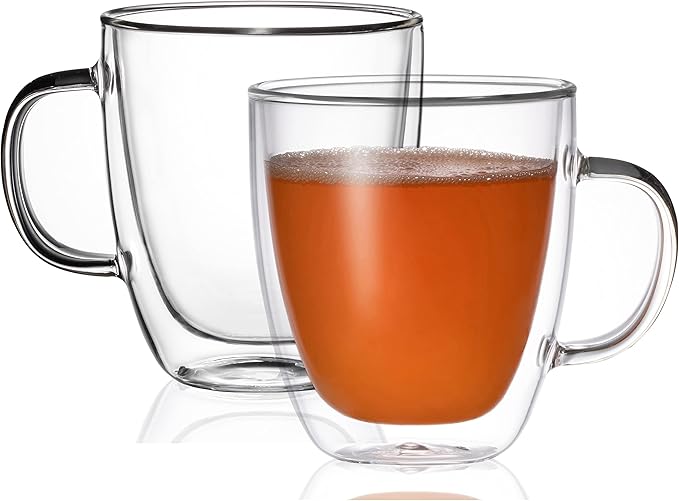 Glass Coffee Mug Set of 2 - Double Wall Clear Espresso Cup with Large Handle, Great for Latte, Cappuccino and Juice, 19 Ounce (560 ml), BE026