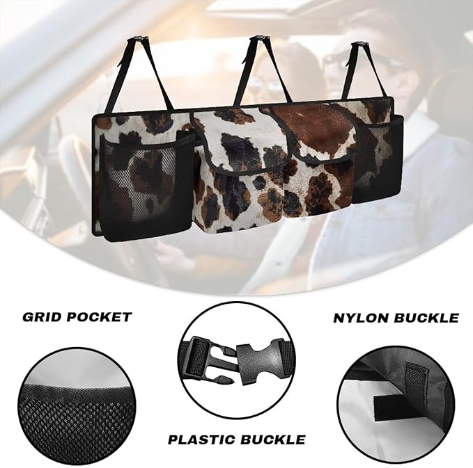 Cow Print Car Trunk Organizer, Large Capacity Auto Backseat Hanging Organizer, Thick Backseat Storage Bag with 2 Pockets, 2 Mesh Pockets, Car Trunk Tidy Storage Bag with Lids
