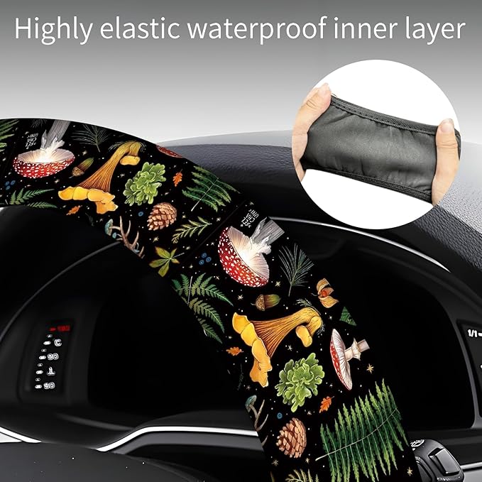 Steering Wheel Covers for Car, Truck, and SUV, Cute Non-Slip Breathable Elastic Steering Wheel, Car Accessories, Universal 15 Inch Leather Cover for Men Women Vantage Mushroom