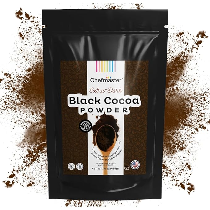 Black Cocoa Powder by Chefmaster, Extra Dark Dutch-Processed Cocoa Powder for Baking, Cookies, Cakes, & Icings; Rich Chocolate Flavor, All-Natural Dye Alternative, Unsweetened, 16 oz