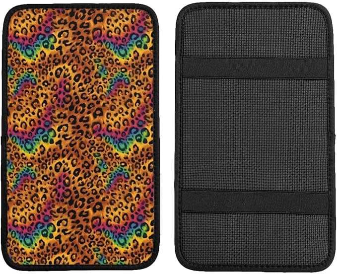 Center Console Cover Rainbow Leopard Armrest Box Cushion Pad Animal Cheetah Arm Rest Lid Covers SUV Sedans Truck Interior Accessories, Anti-Scratch Car Decor Protector, Brown