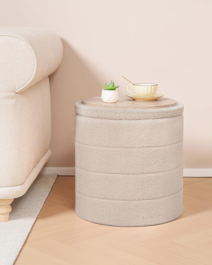 B FSOBEIIALEO Ottoman with Stroage, Round Sherpa Storage Ottoman Stool, Boucle Foot Rest 16.9"x16.9"x17.7"（Beige