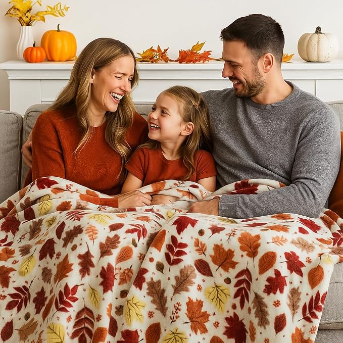 Fall Decor Throw Blanket: Soft Warm Autumn Leaves and Berries in Red Yellow Brown Beige Colors for Living Room Couch Bed Chair Dorm, Oversized 50" x 70" inches