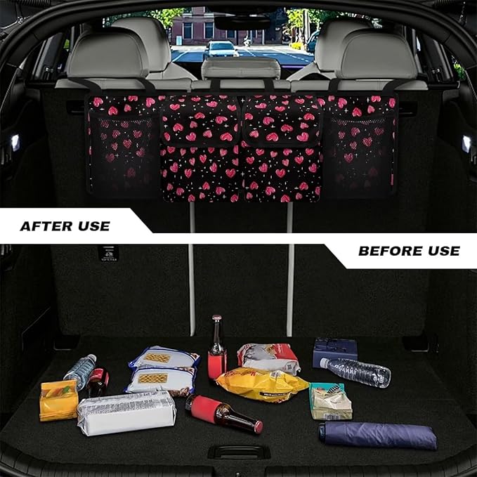 Car Trunk Organizer, Valentine'S Day Love Heart Backseat Storage Bag with 4 Pockets, Waterproof Large Capacity Hanging Collapsible Bag for Most Vehicles, Universal Car Accessories