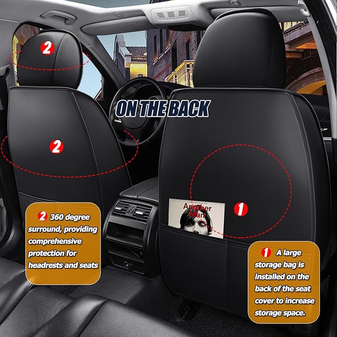 Car Seat Covers Full Set 3D Foam Back Support, 5 Seats Universal Fit for Most Cars, Nappa Leather Car Seat Cushion Super Breathable, Storage Bags, All Season, Black Coffee Car Seat Cover