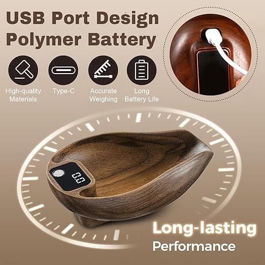 Wooden Tea Scale, Coffee Scale, Espresso Scale,Weigh Digital Coffee Scale with Timer, 0.1g 0.01oz Resolution 0.3 to 200g Rechargeable Elegant Kitchen Scale Walnut Color