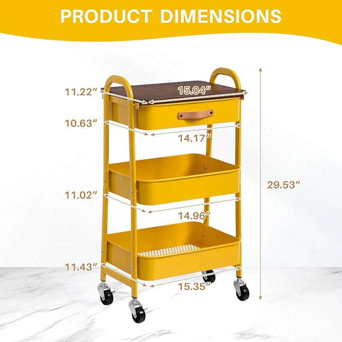 AGTEK Rolling Cart with Drawer, 3 Tier Movable Metal Utility Organizer with Wooden Board, Mobile Trolley Cart for Home & Office, Yellow
