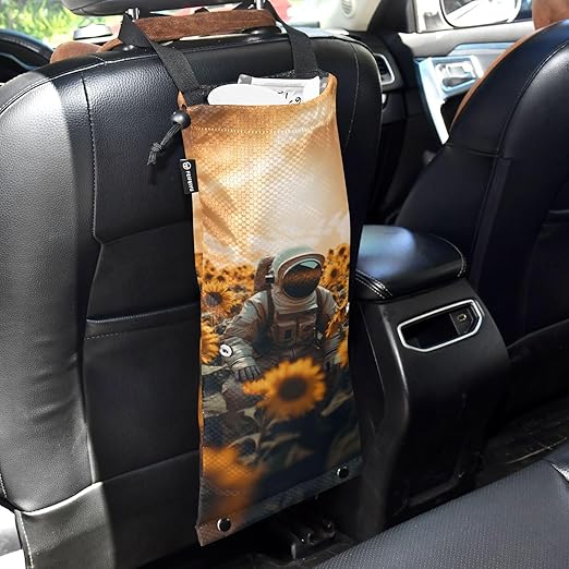 ALAZA Hanging Car Trash Bags Garbage Bag Trash Can for Back Seat Small Astronaut Sunflower Washable Storage Bag Retractable 2 Pack