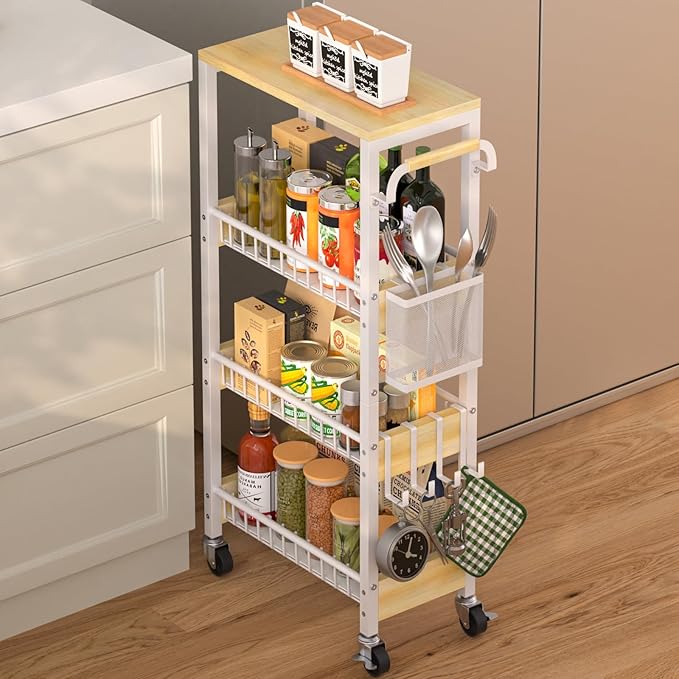 Slim Rolling Storage Cart, 4 Tier Small Organizer Cart with Wheels, Metal Utility Shelf Kitchen Bathroom Laundry Room Organization Trolley with Handle for Narrow Space (9.1" Overall Width)