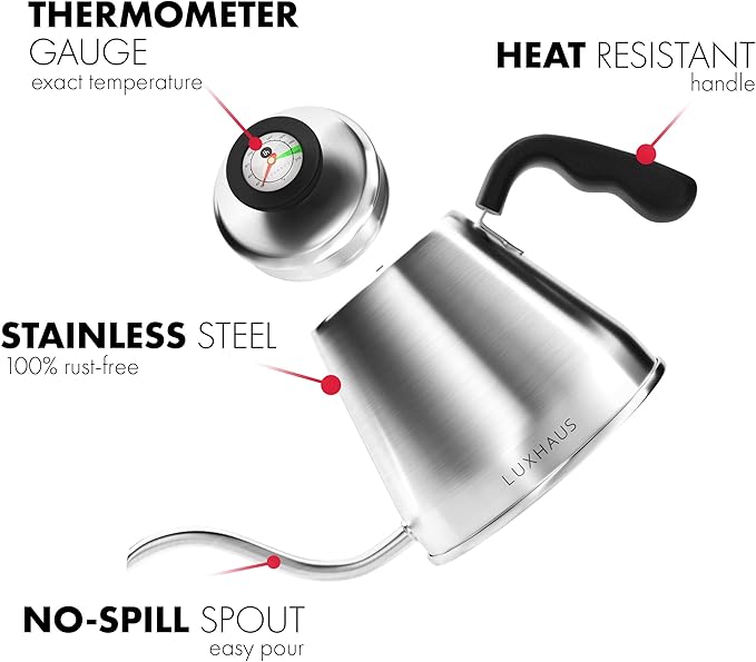 LuxHaus Pour Over Kettle - Gooseneck Kettle With Thermometer - Coffee and Tea Maker for Stovetop - 40oz