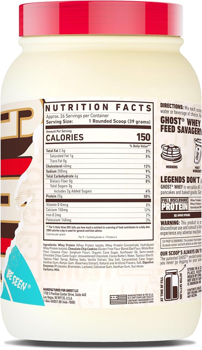 GHOST Whey Protein Powder, Chocolate Chip Cookies - 2LB, 25G of Protein - Whey Protein Isolate & Concentrate Blend - ­Post Workout Fitness & Nutrition Shakes with Real Cookie Pieces - Gluten-Free