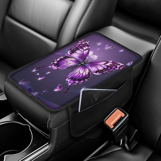 BIGCARJOB Butterfly Printed Car Center Console Cover with Side Storage Cute Auto Armrest Seat Box Cover,Non-Slip Armrest Cover Cushion Purple Butterfly Car Interior Accessories