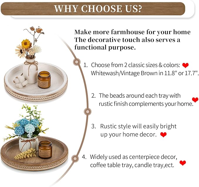 Hanobe Round Wooden Decorative Tray: White Washed Bead Tray Decor for Coffee Table Centerpiece Rustic Farmhouse Tray for Kitchen Counter Living Room Easter Decoration