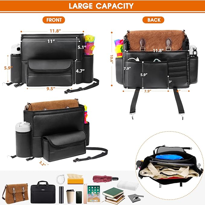 Car Purse Holder Between Seats, Car Seat Purse Handbag Holder, Automotive Consoles Organizers Storage Barrier Car Interior Accessories, Leather Large Capacity (Black)