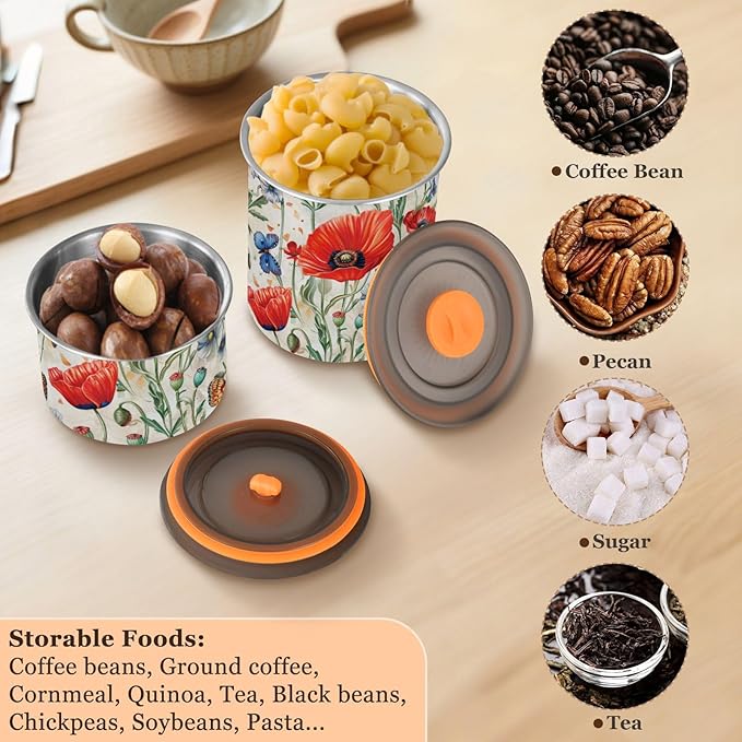 ALAZA Red Poppy Flowers Butterfly Airtight Coffee Bean Canister 900ml Food Storage Containers with Lids For Gournd, Tea, Sugar, Flour, Rice, Cereal, Candy Cookie Jar