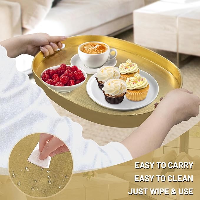 MAONAME Gold Decorative Tray with Handles, Foil Serving Tray for Ottoman, Oval Coffee Table Trays for Living Room, Bathroom, 15.6" L x 10.6" W x 1.4" H