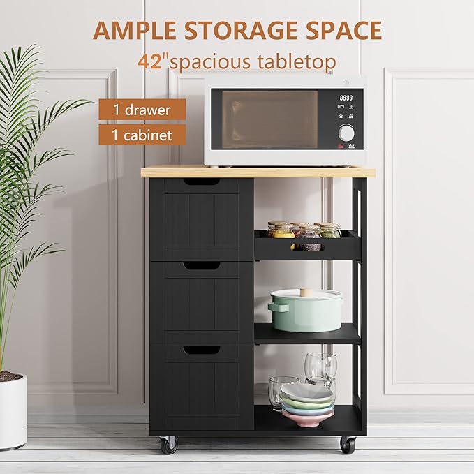 SUNLEI Kitchen Island with Storage Cart Rolling Coffee Small Butcher Block Table Microwave with 3 Drawers on Wheels Station Portable Mobile Narrow Moveable Utility Counter Wood Top Spaces Bar Food