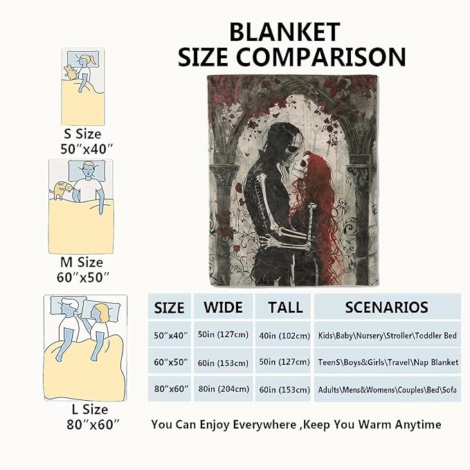 Gothic Romance Skull Lovers Blanket,Red Rose Skeleton Throw Blankets,Gifts for Women Men, Lightweight Soft Fleece Cozy,for Sofa Couch Bed Room Travel,Festival Halloween Goth Decor,50x60in