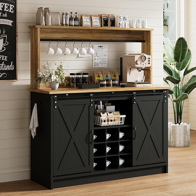 4ever2buy Farmhouse Coffee Bar Cabinet with Hutch, 47 Inch Buffet Cabinet with Storage, Wine Bar with 9 Wine Racks and 6 Hooks, Coffee Bar Table with Adjustable Shelves for Living Dining Room, Black